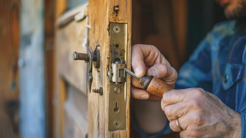 Låsesmed reparerer gammel tredør med metallnøkkel for hånd